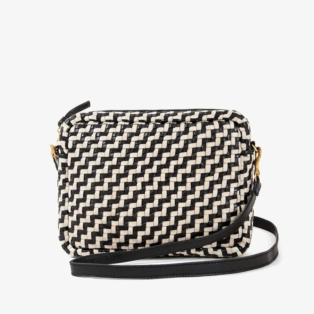 Clare V. Black and Cream Woven Zig Zag Midi Sac